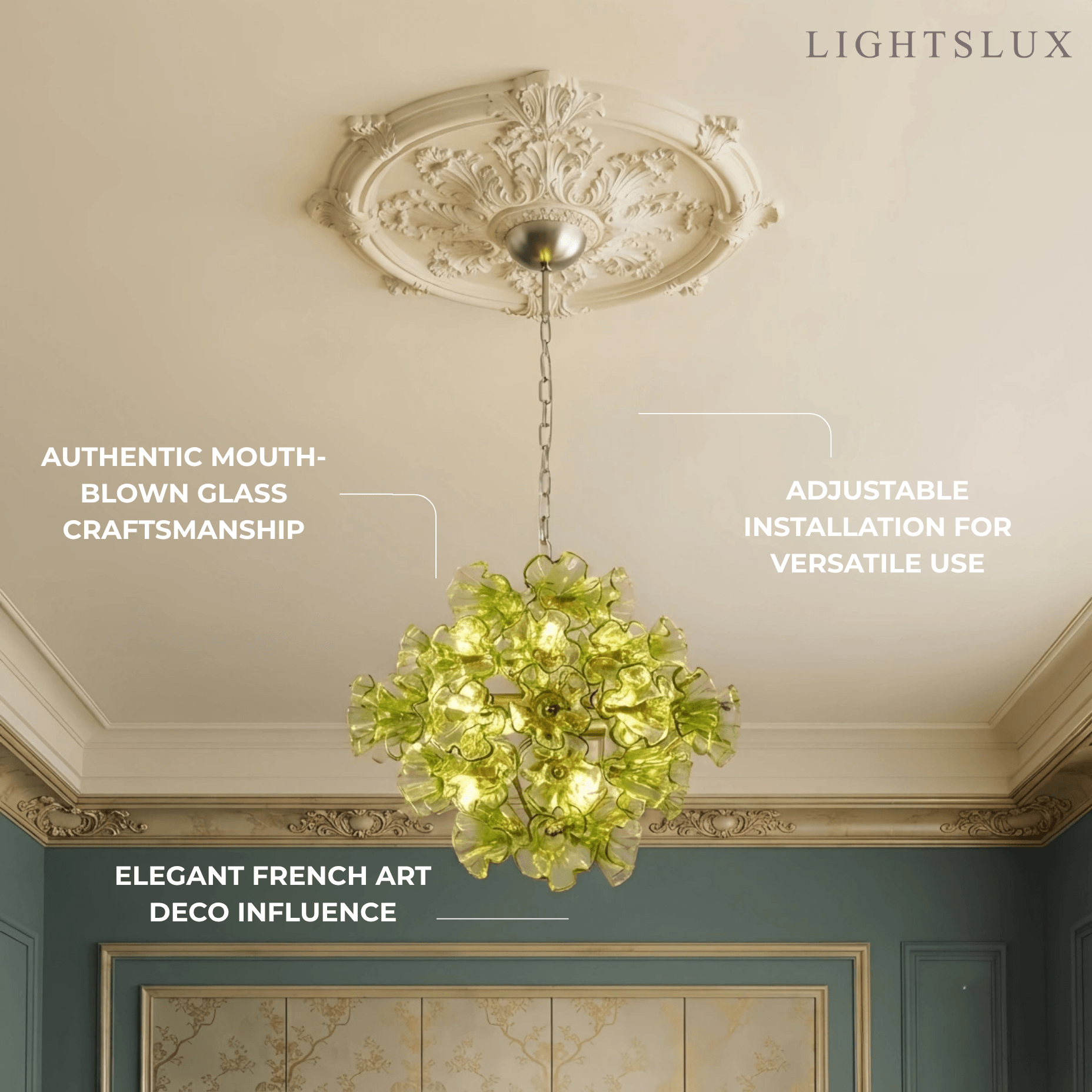 Vetro Mid-Century Glass Chandelier -- Green Ruffled Petals