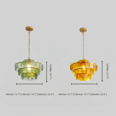 Vetro Art Deco Glass Chandelier -- Green or Orange Layered Pendant for Dining Room Size