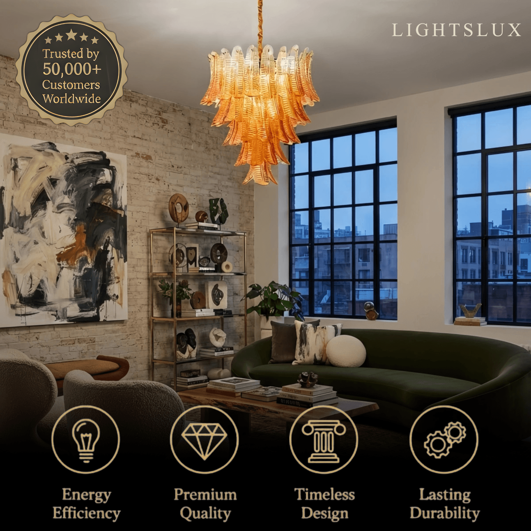 Excelis Luxury Glass Chandelier -- Amber Cascading Leaves for Living Room