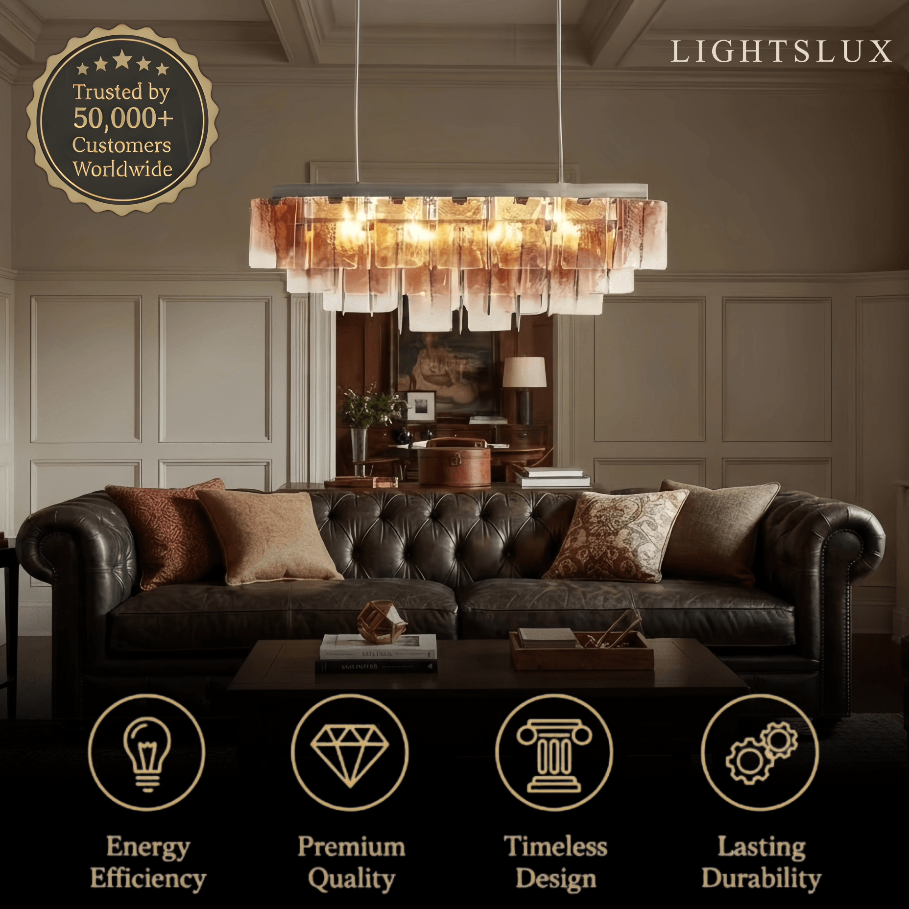 Excelis Luxury Linear Chandelier -- Layered Gradient Brown Glass for Living Room