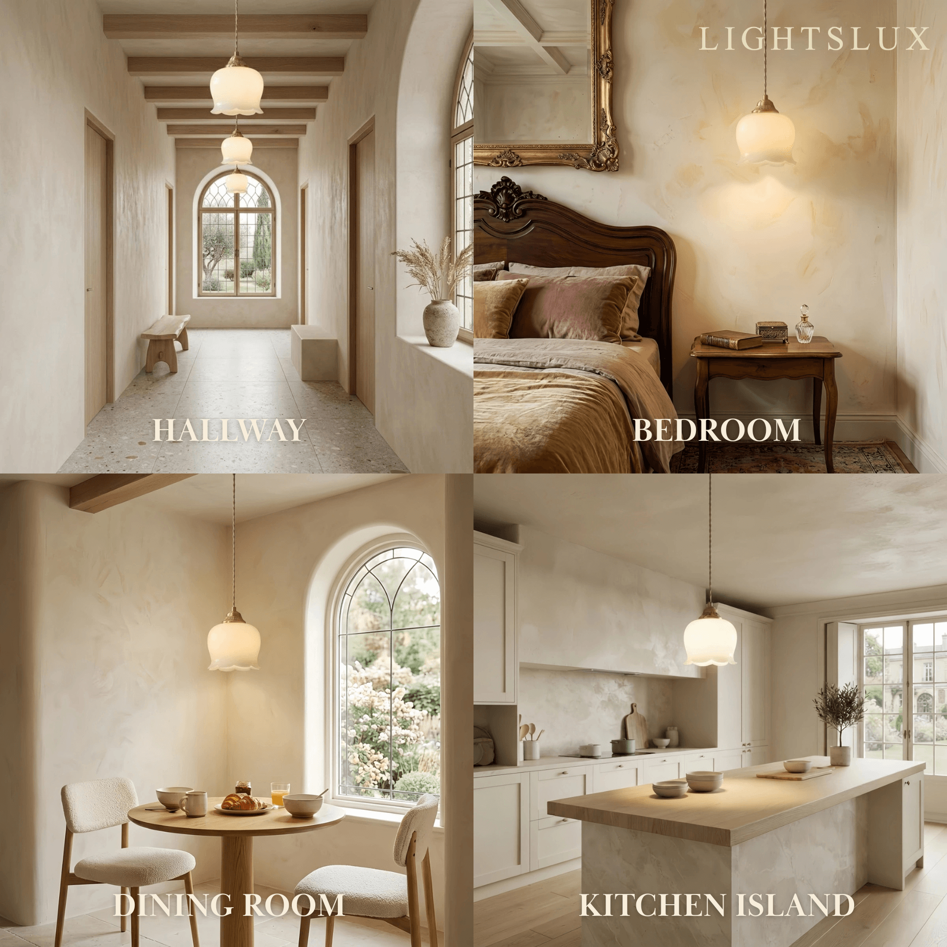 Crema Elegant Floral Pendant Lamp -- Brass & Resin Beige/White Indoor