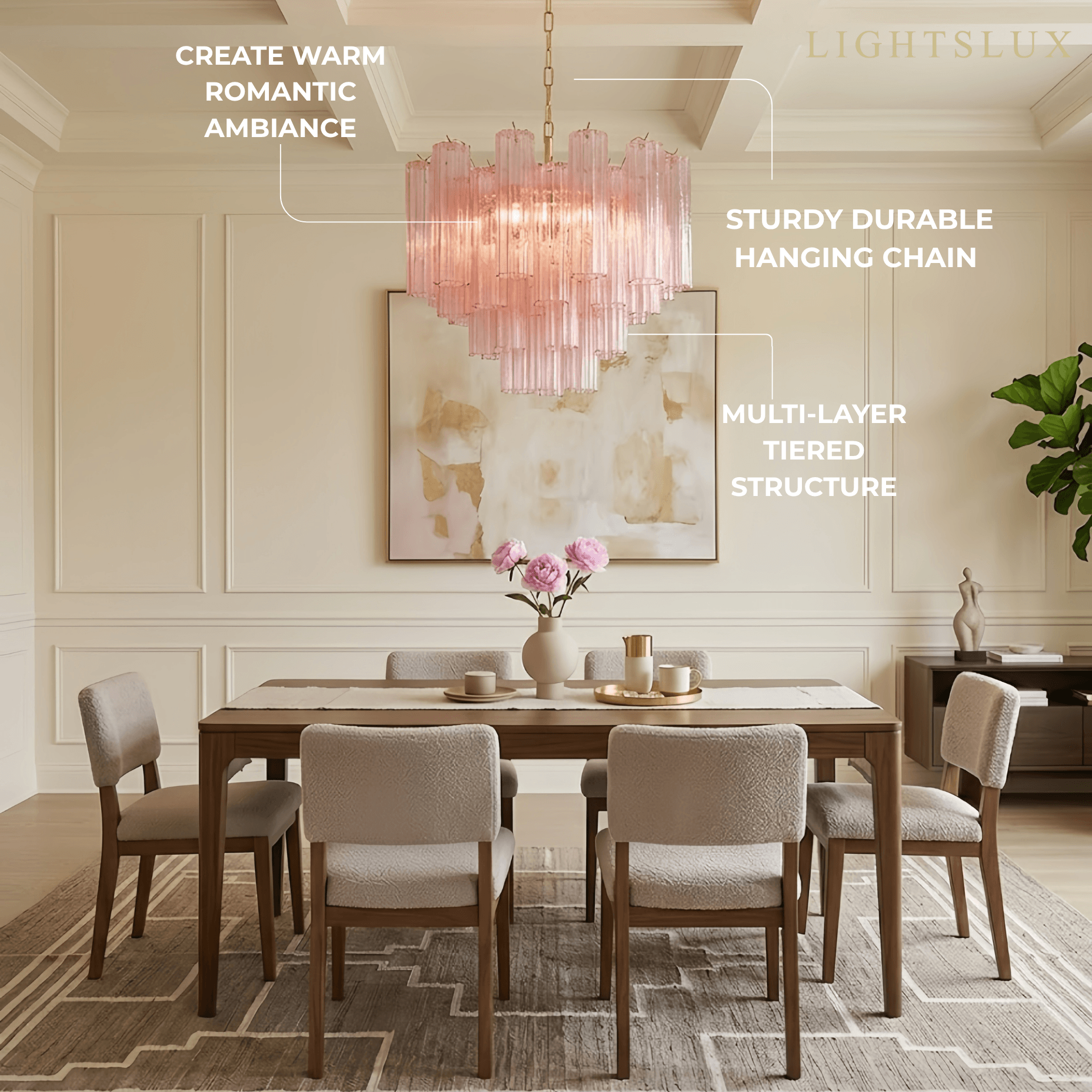 Vetro Art Deco Chandelier - Glass Iron with Tri-color LED - Pink Gold for Bedroom Dining Room