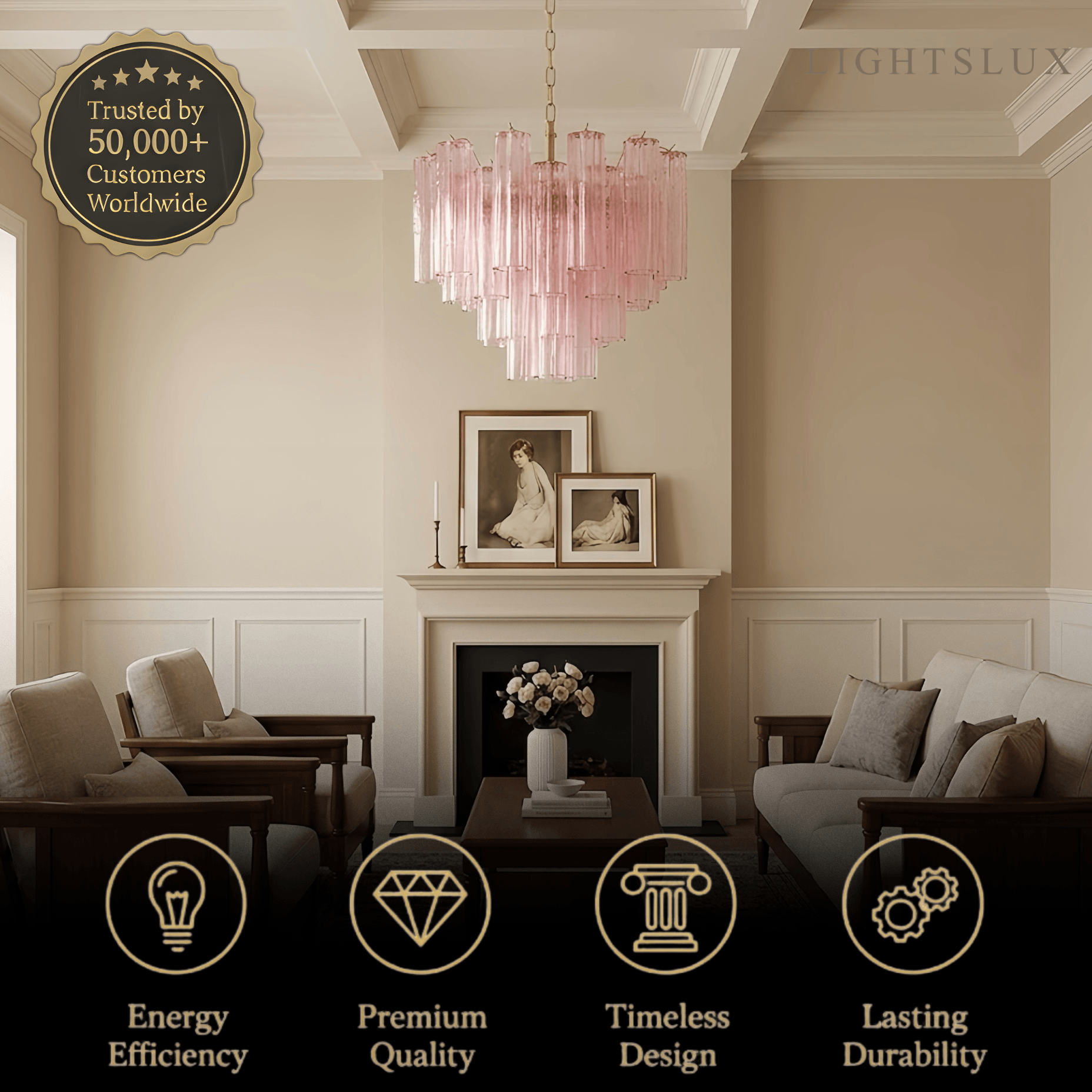 Vetro Art Deco Chandelier - Glass Iron with Tri-color LED - Pink Gold for Bedroom Living Room