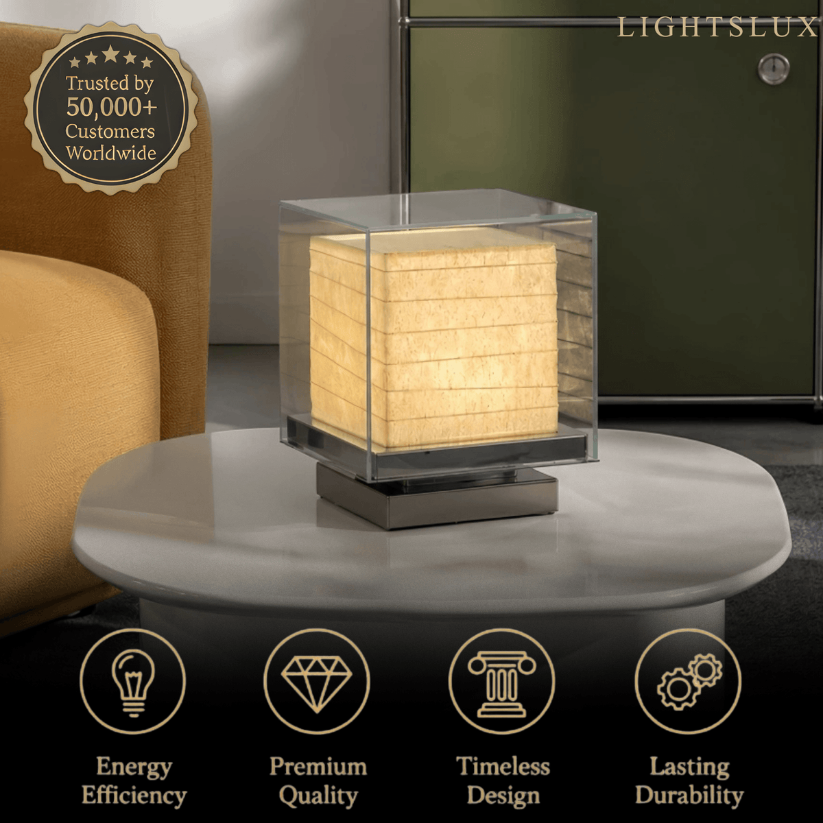 Lunara Minimalist Paper Table Lamp -- Metal Frame with Tri-Color Dimming for Bedroom