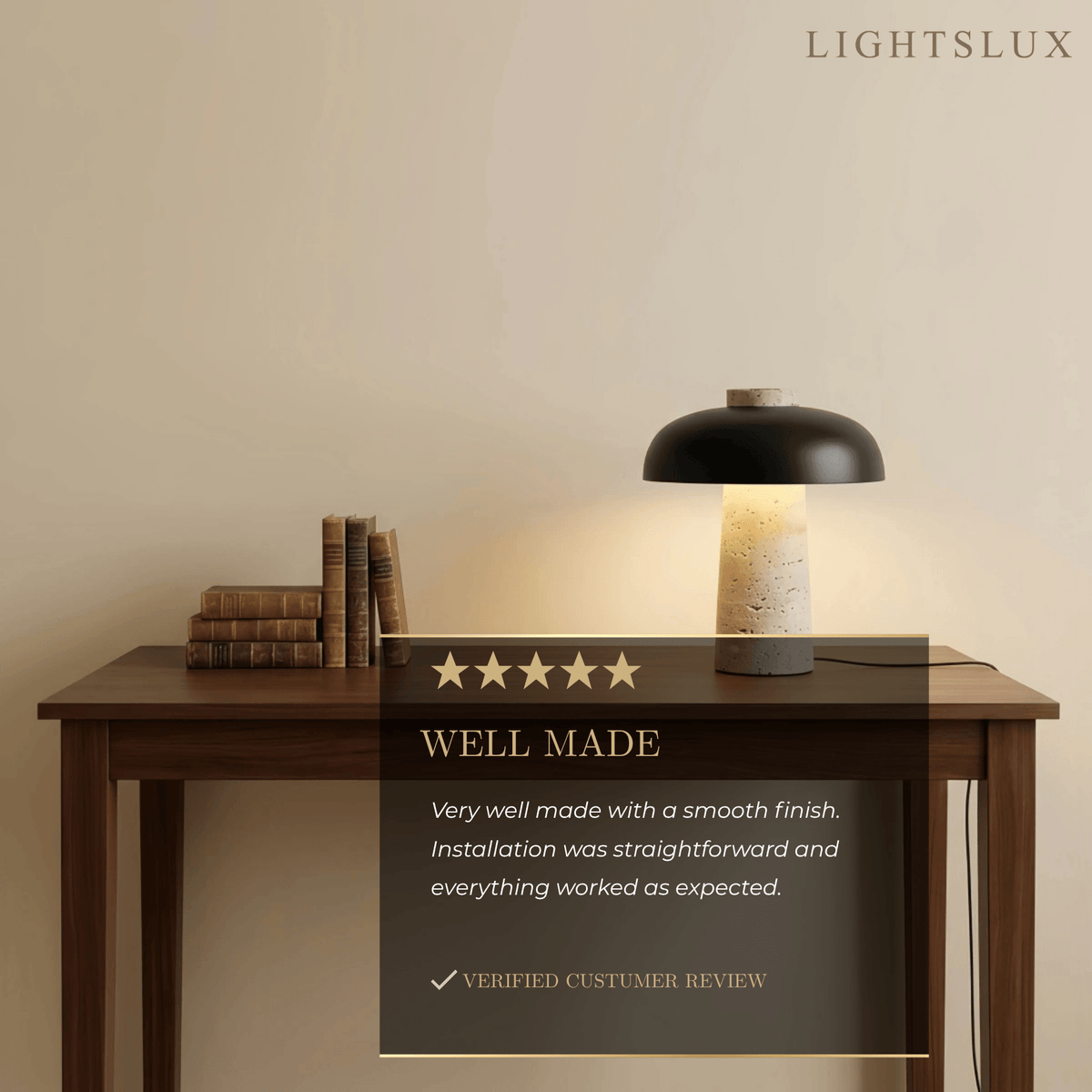 Strata Natural Travertine Table Lamp – Black Shade for Bedroom & Bedside