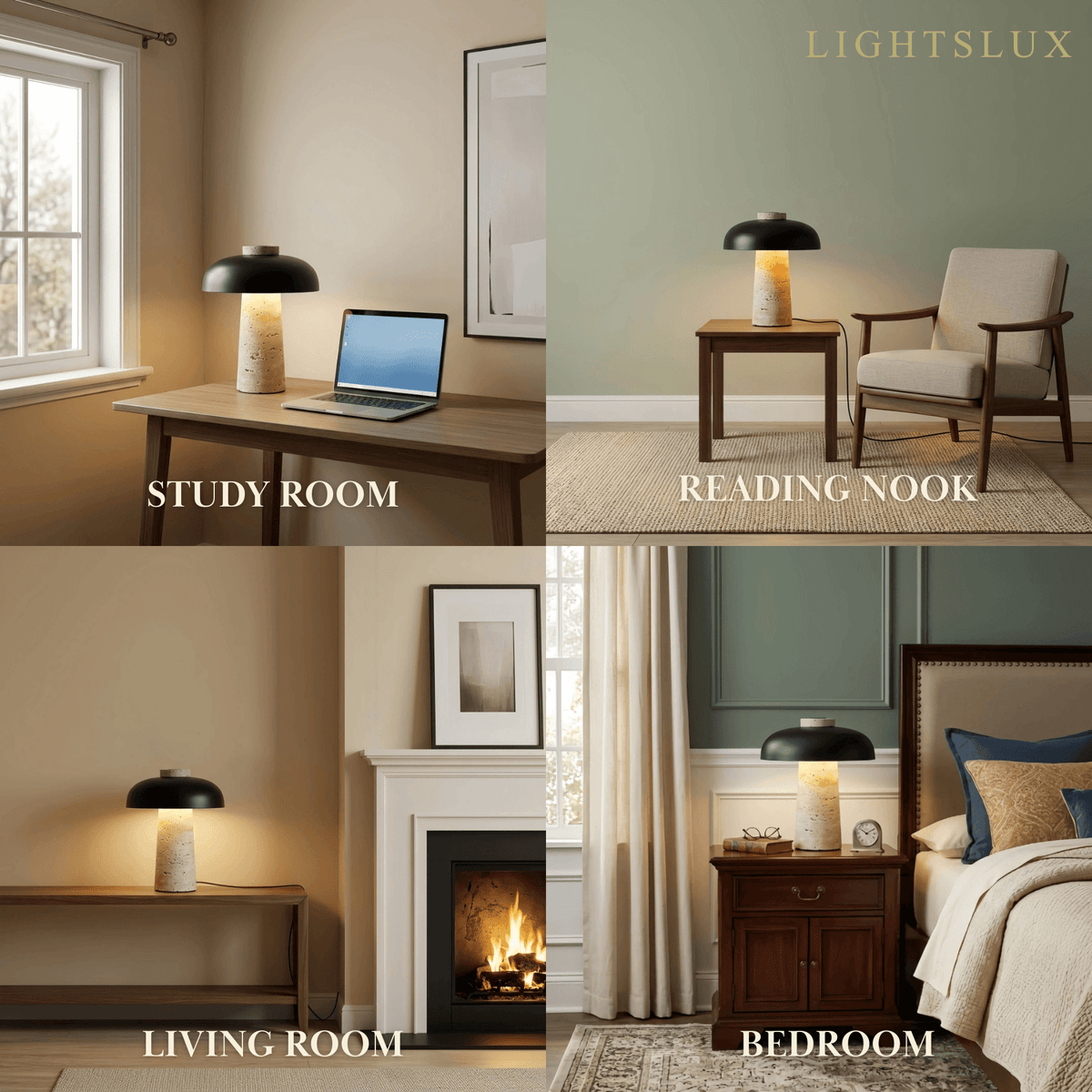 Strata Natural Travertine Table Lamp – Black Shade for Bedroom & Bedside