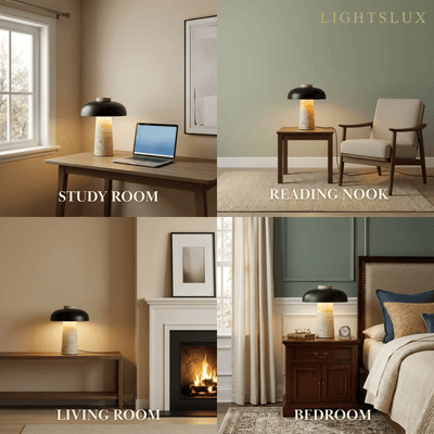 Strata Natural Travertine Table Lamp – Black Shade for Bedroom & Bedside