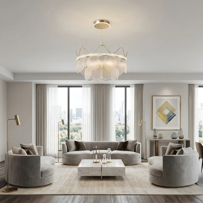 Excelis Elegant Crown-inspired Pendant Light -- Water-ripple Glass & Crystal Gold Living Room
