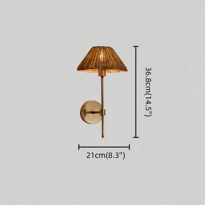 JUN106Bamburo Rustic Rattan Wall Sconce – Natural Shade & Aged Brass for Bedroom