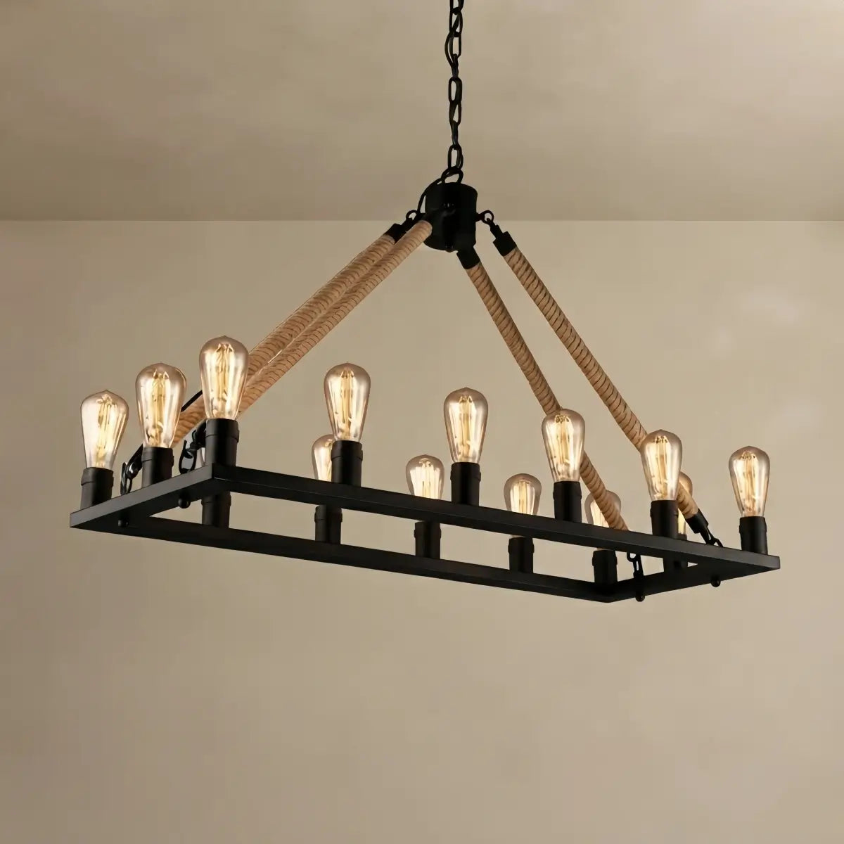 JUN107Irondale Industrial Hemp Rope Chandelier – Black Metal & Rope for Dining Room