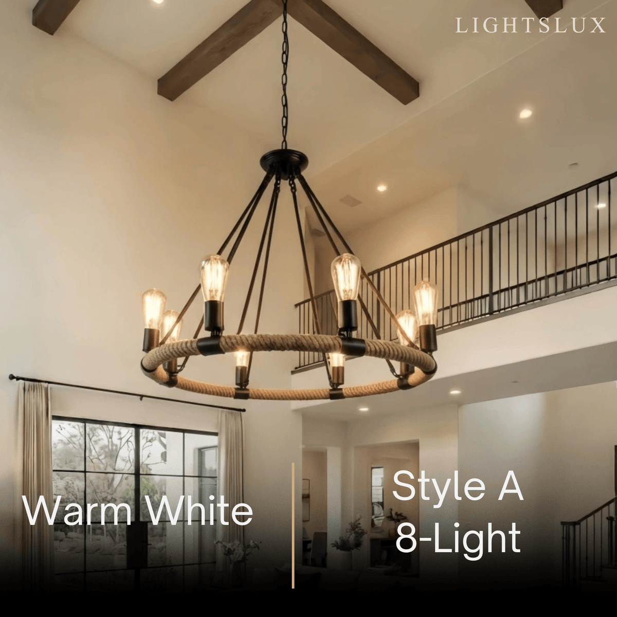 JUN107Irondale Industrial Hemp Rope Chandelier – Black Metal & Rope for Living Room