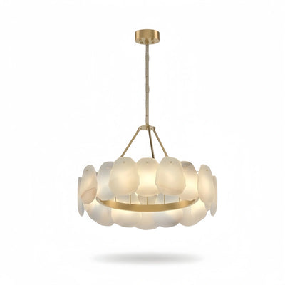 Excelis Luxury Sculptural Brushed Gold Chandelier - Layered Alabaster & Hand-Shaped Brass for Dining Room