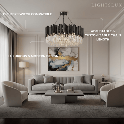 Modern Crystal Chandelier – Black Frame Sparkling Focal Point for Dining/Living Room