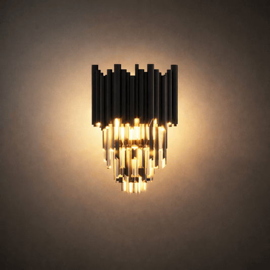 Luxury Obsidian Crystal Wall Sconce – Black Stainless Steel with Clear Crystals
