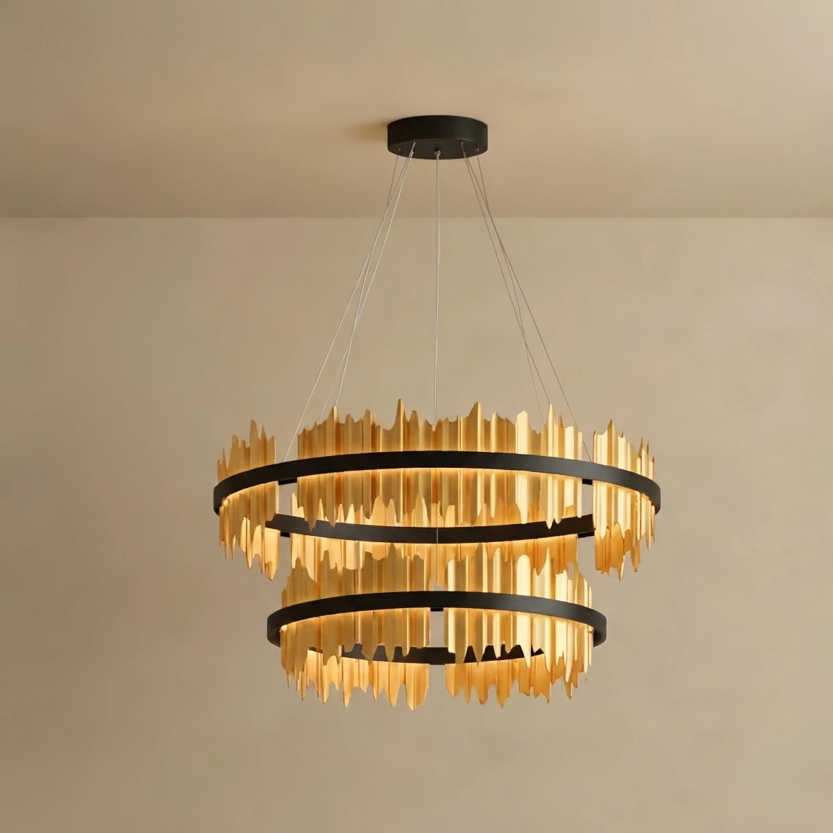 Excelis Dual-Ring Chandelier – Stainless Steel in Jet Black or Polished Gold for Living Room