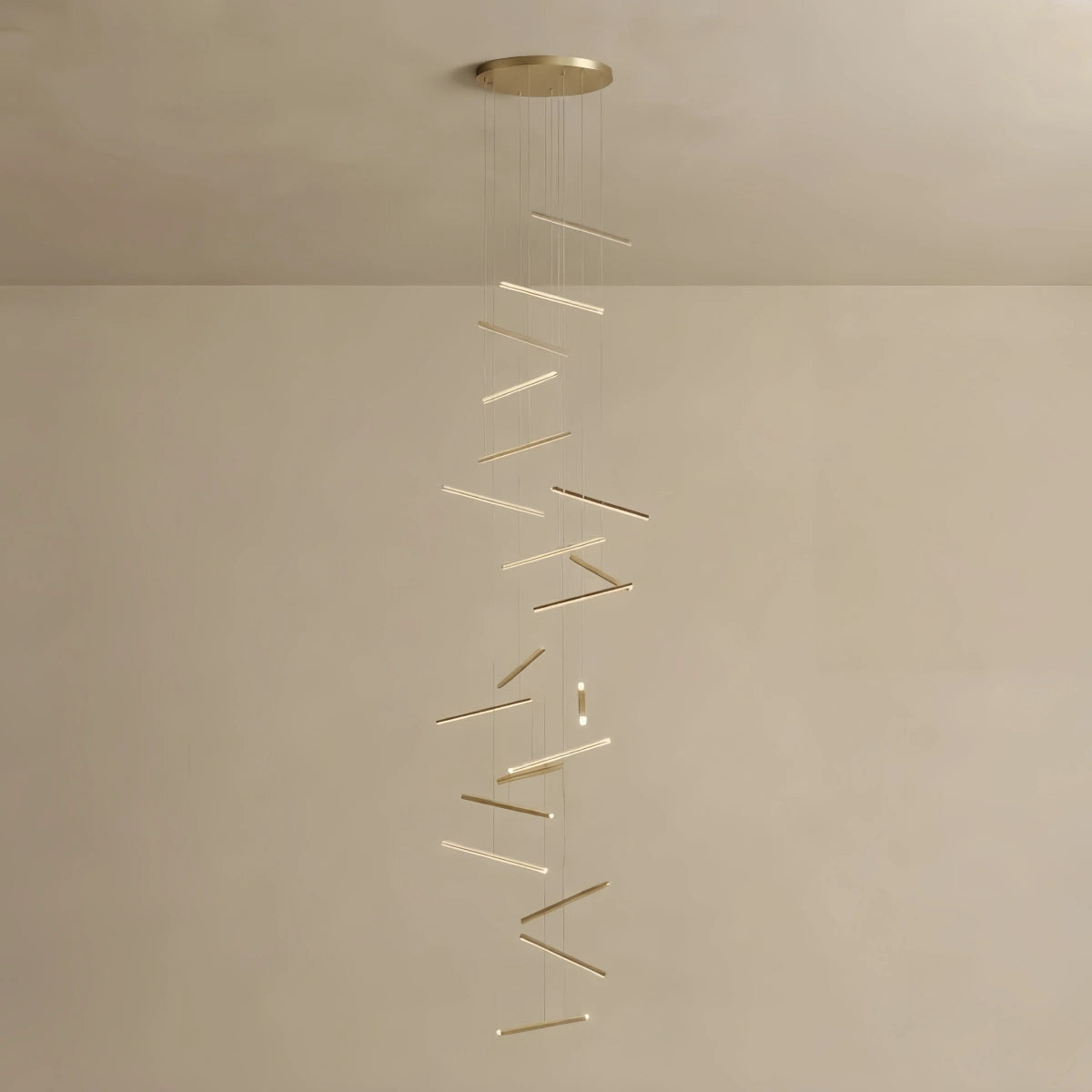 Nebula Luxury Flowing Gold Chandelier – Metallic Acrylic Rods Sculptural Cascade for Staircase