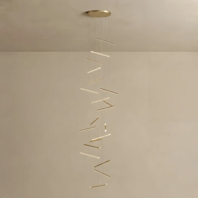 Nebula Luxury Flowing Gold Chandelier – Metallic Acrylic Rods Sculptural Cascade for Staircase