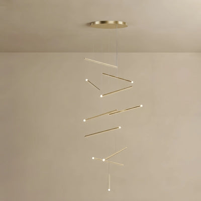 Nebula Luxury Flowing Gold Chandelier – Metallic Acrylic Rods Sculptural Cascade for Staircase