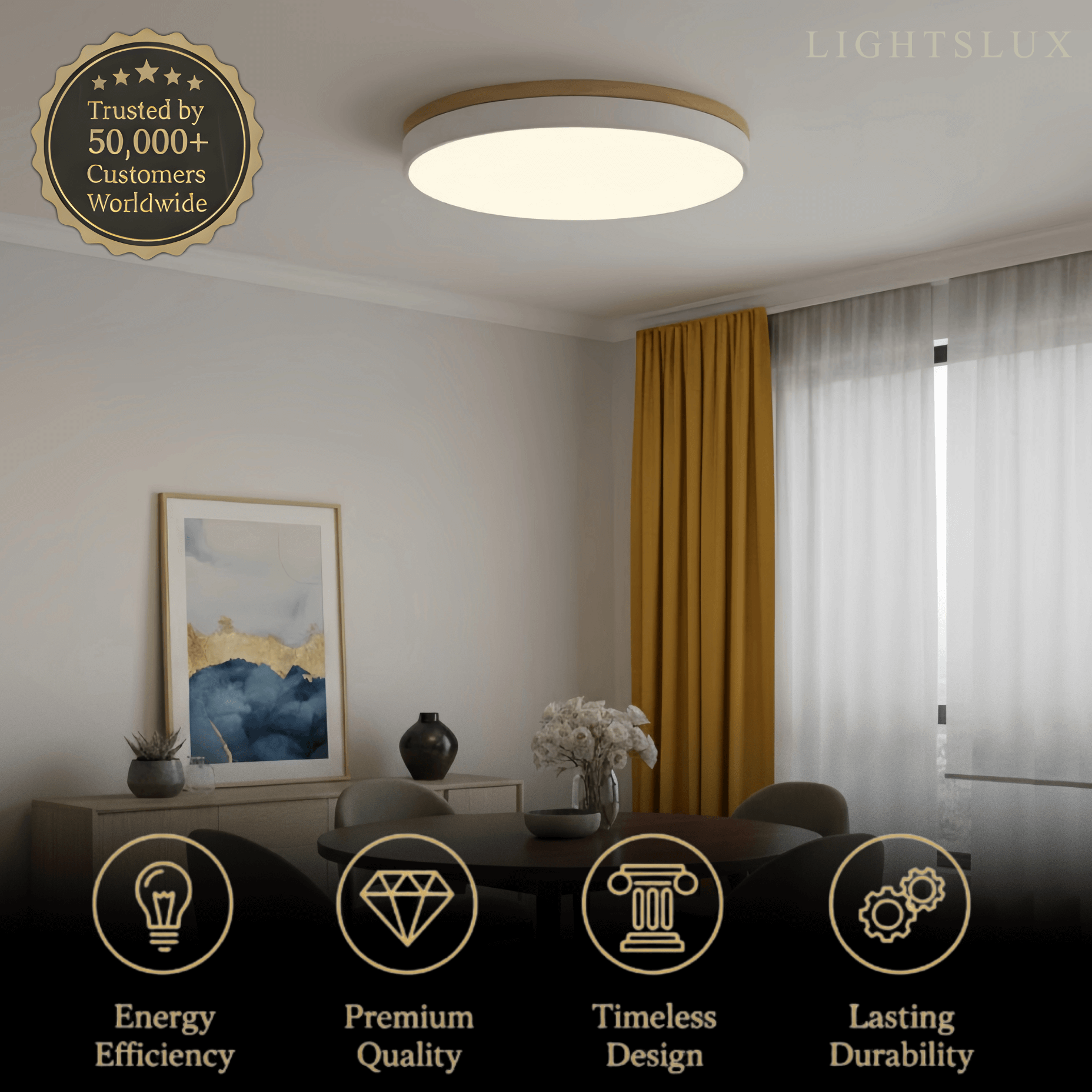 Minimalist Circular Ceiling Lamp — Wood & Matte Grey Frame 