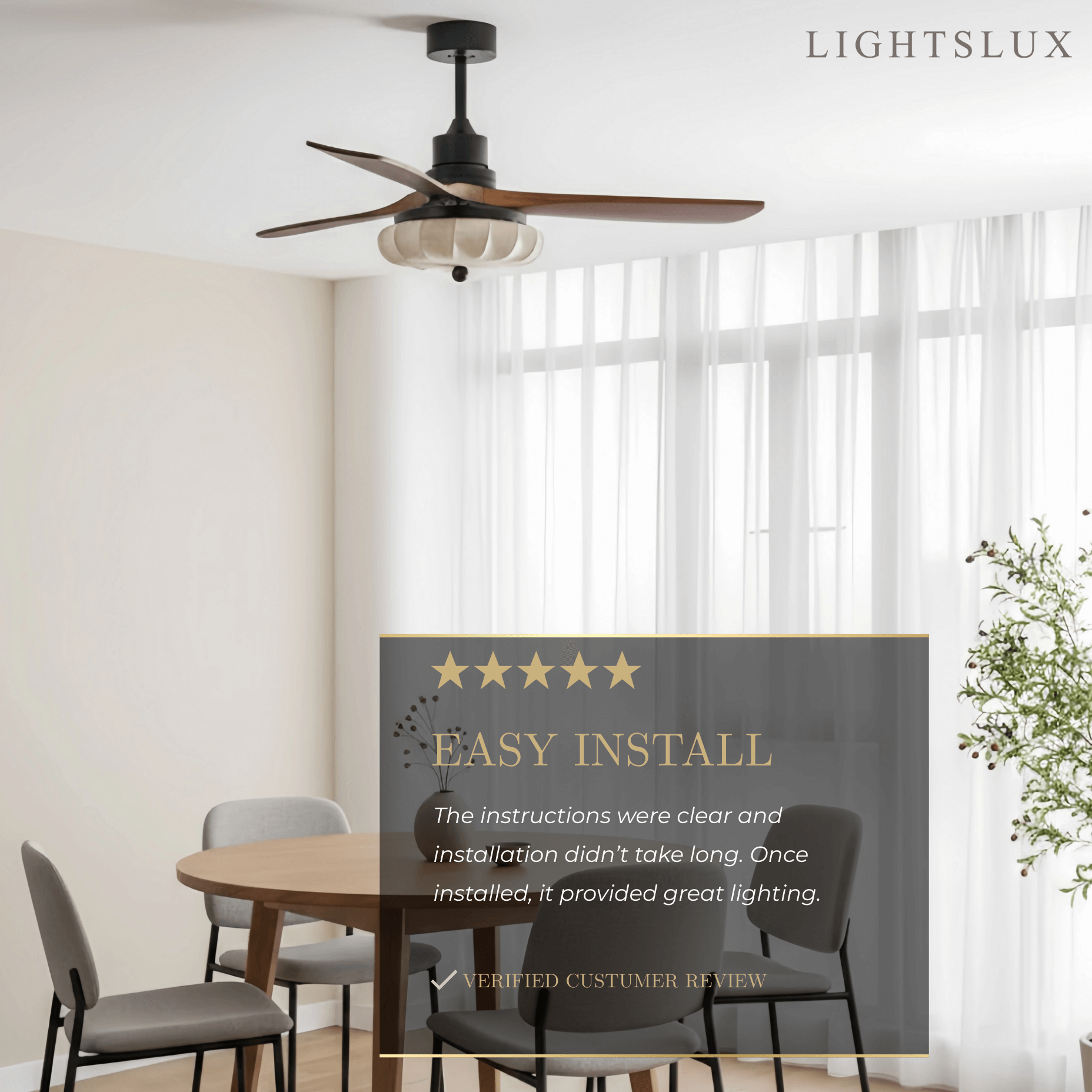 Modern Ceiling Fan Light — Lotus Fabric Shade & Walnut Wood