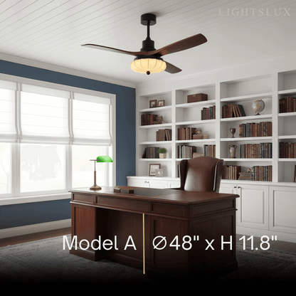 Modern Ceiling Fan Light — Lotus Fabric Shade & Walnut Wood