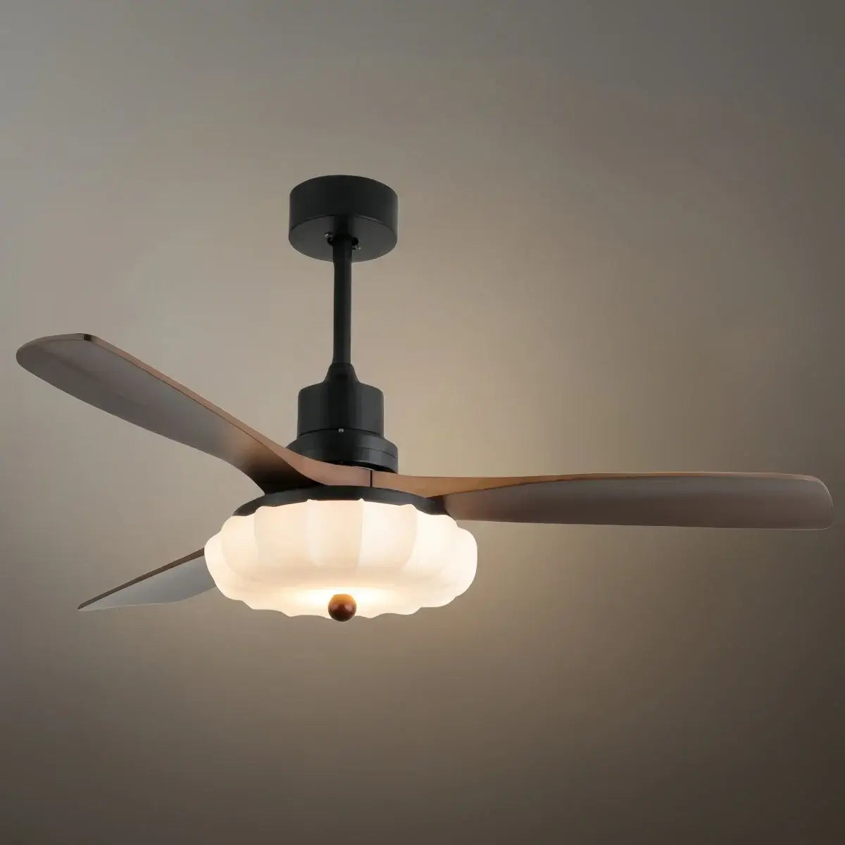 Modern Ceiling Fan Light — Lotus Fabric Shade & Walnut Wood