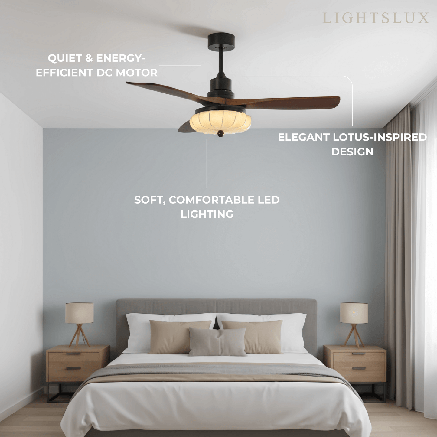 Modern Ceiling Fan Light — Lotus Fabric Shade & Walnut Wood