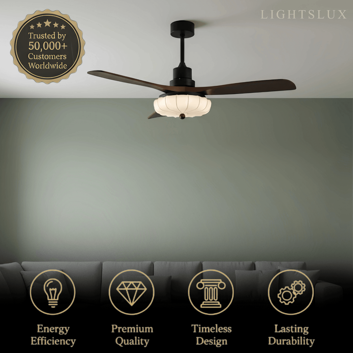 Modern Ceiling Fan Light — Lotus Fabric Shade & Walnut Wood