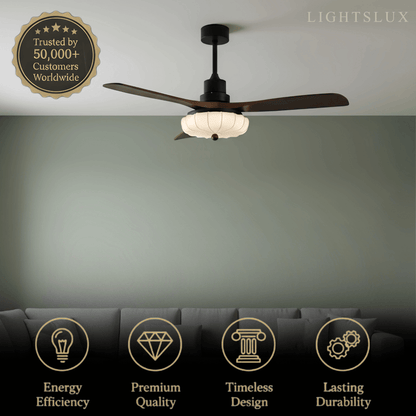 Modern Ceiling Fan Light — Lotus Fabric Shade & Walnut Wood