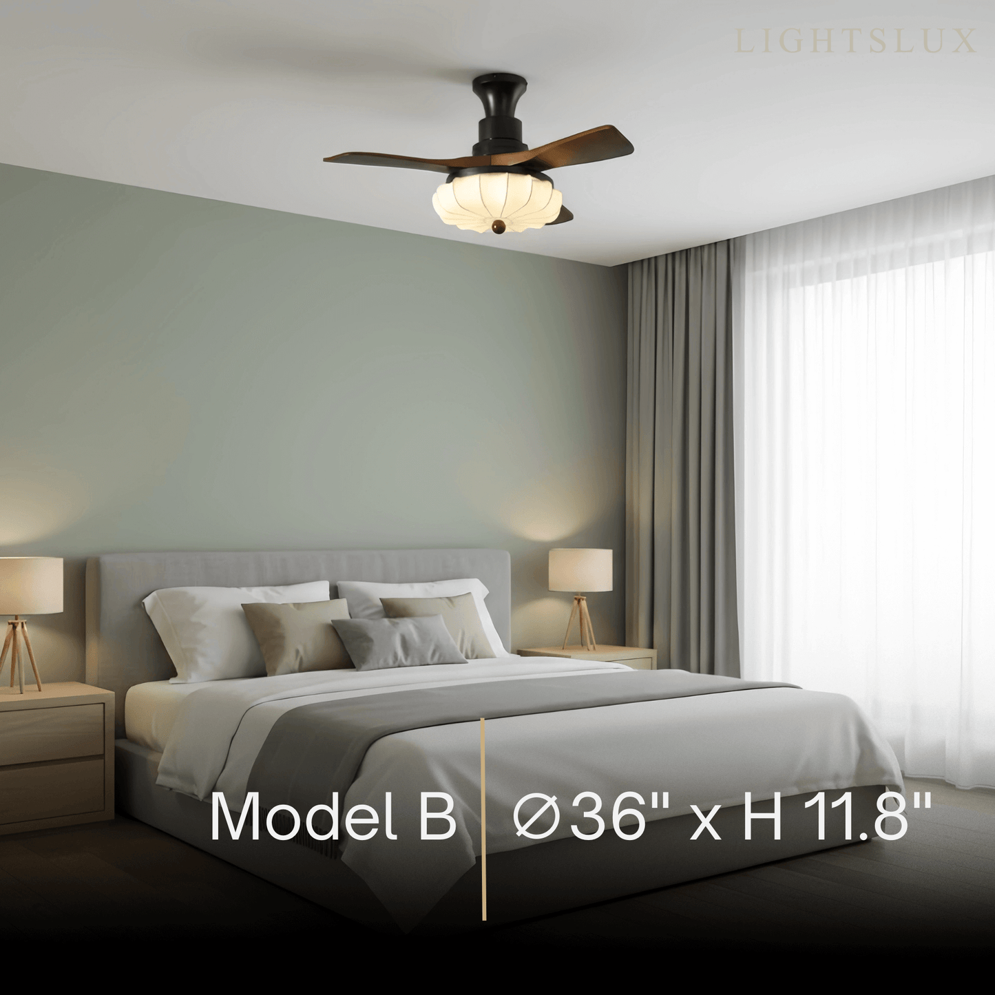 Modern Ceiling Fan Light — Lotus Fabric Shade & Walnut Wood