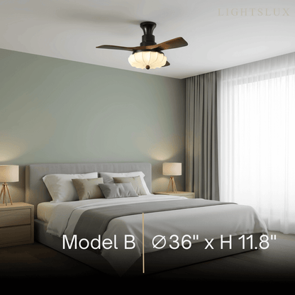 Modern Ceiling Fan Light — Lotus Fabric Shade & Walnut Wood