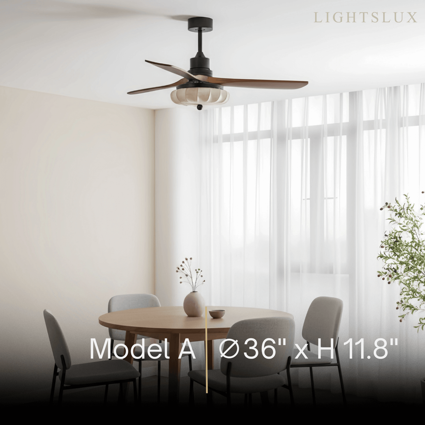Modern Ceiling Fan Light — Lotus Fabric Shade & Walnut Wood