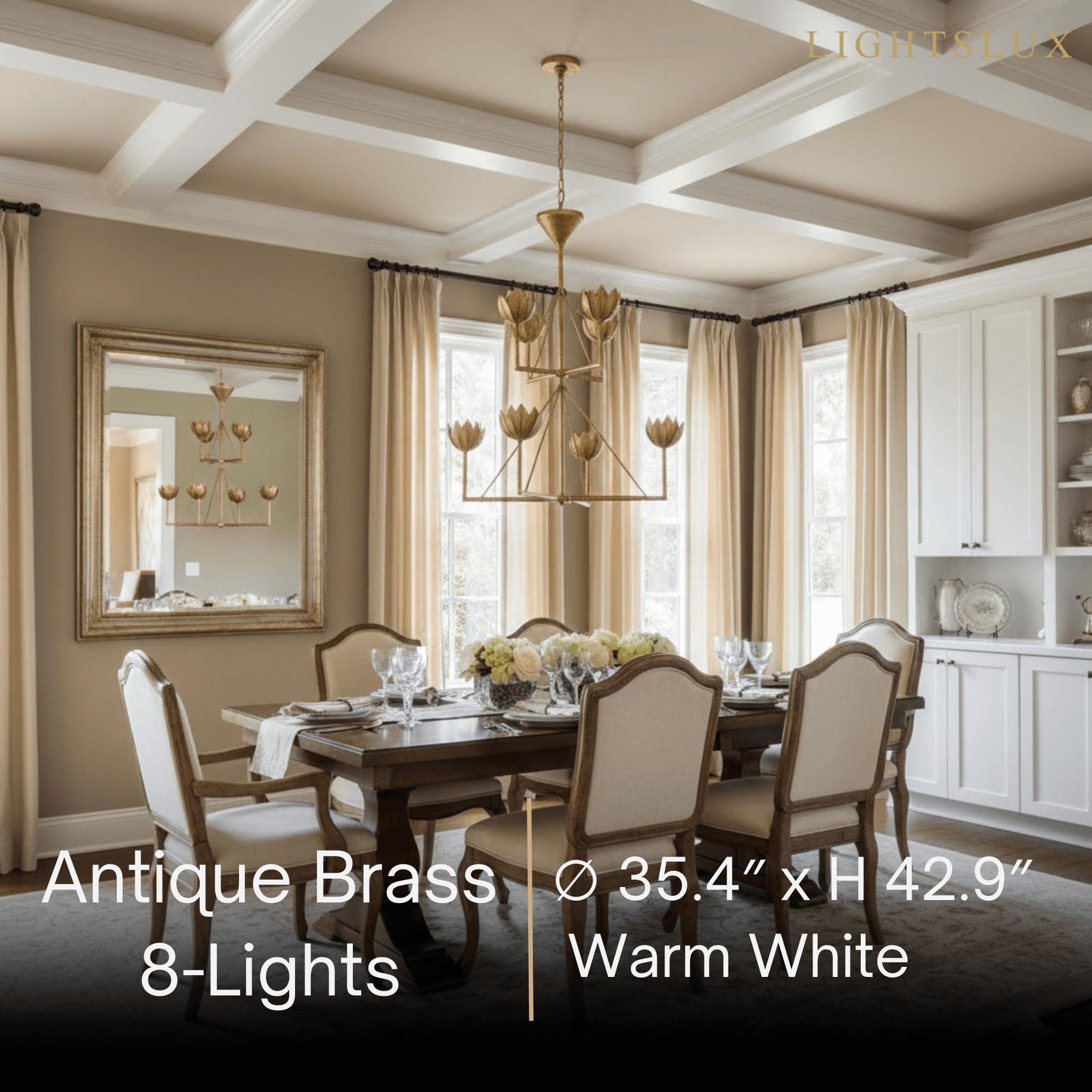 Chandelier — Curved Petal Shades & Brass Frame for Dining Room