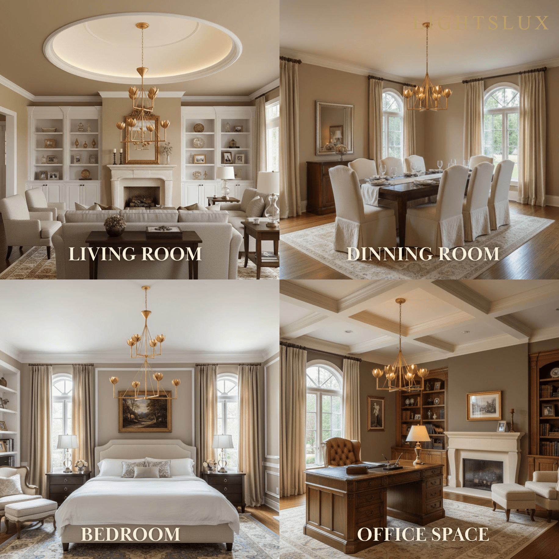 Chandelier — Curved Petal Shades & Brass Frame for Dining Room