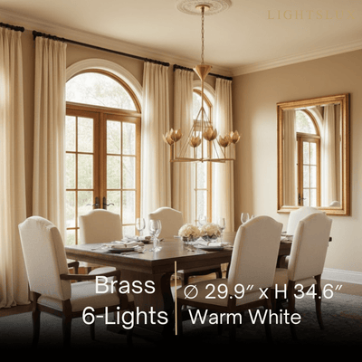 Chandelier — Curved Petal Shades & Brass Frame for Dining Room