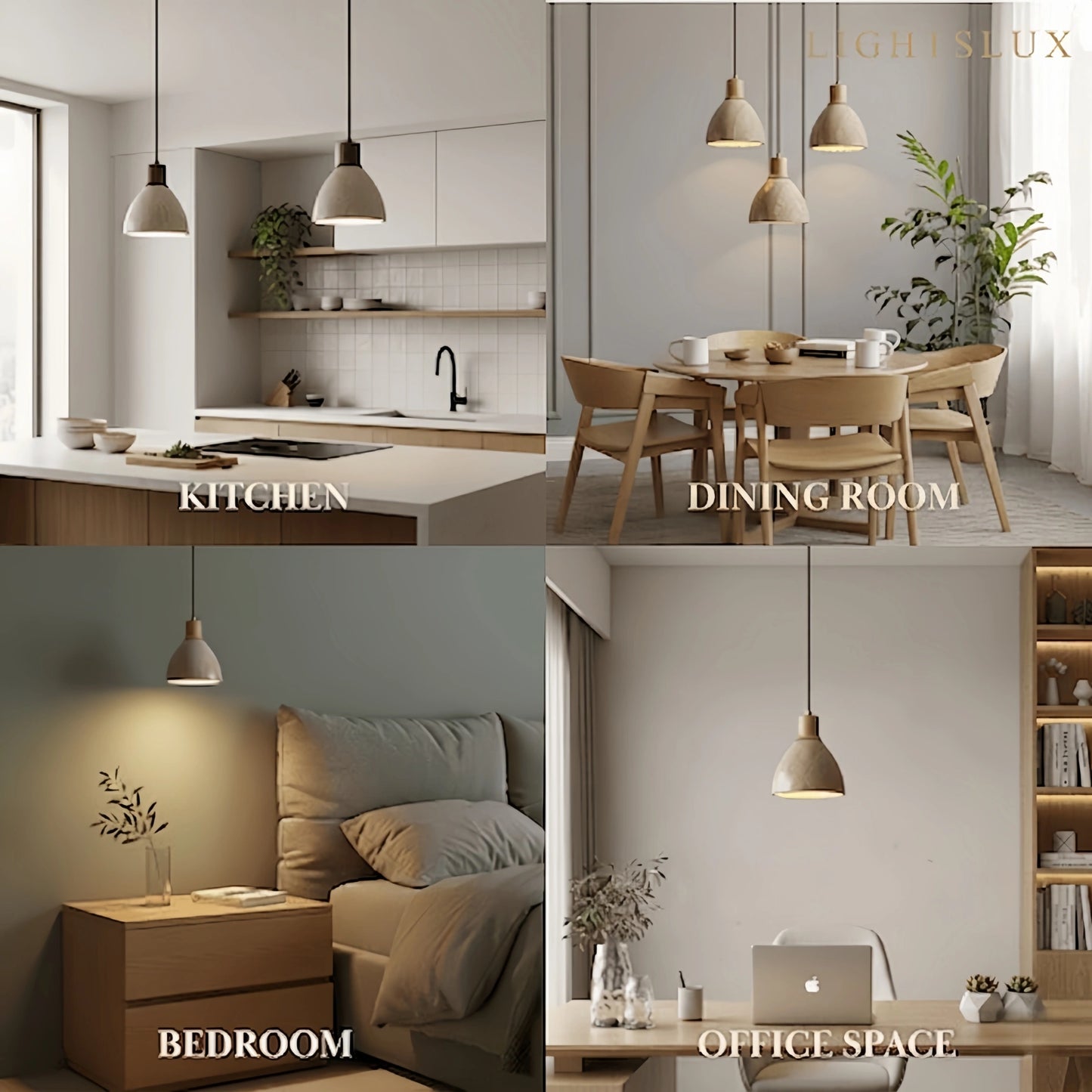 Organic Modern Pendant Light — Textured Stone Resin & Wood Accent