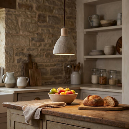 Organic Modern Pendant Light — Textured Stone Resin & Wood Accent