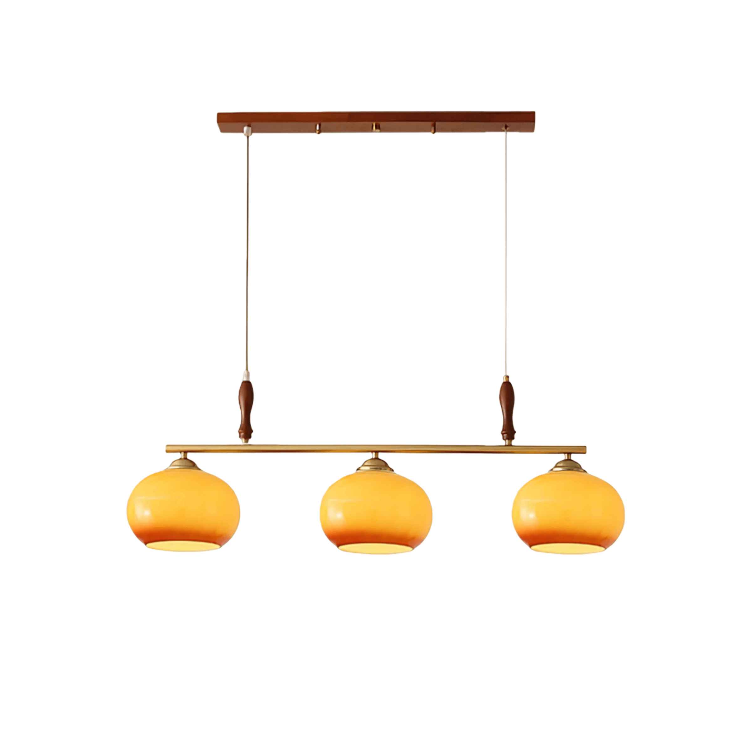 Modern Pendant Lamp — Amber Glass Shades & Brass Bar Wood Accent