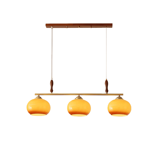 Modern Pendant Lamp — Amber Glass Shades & Brass Bar Wood Accent