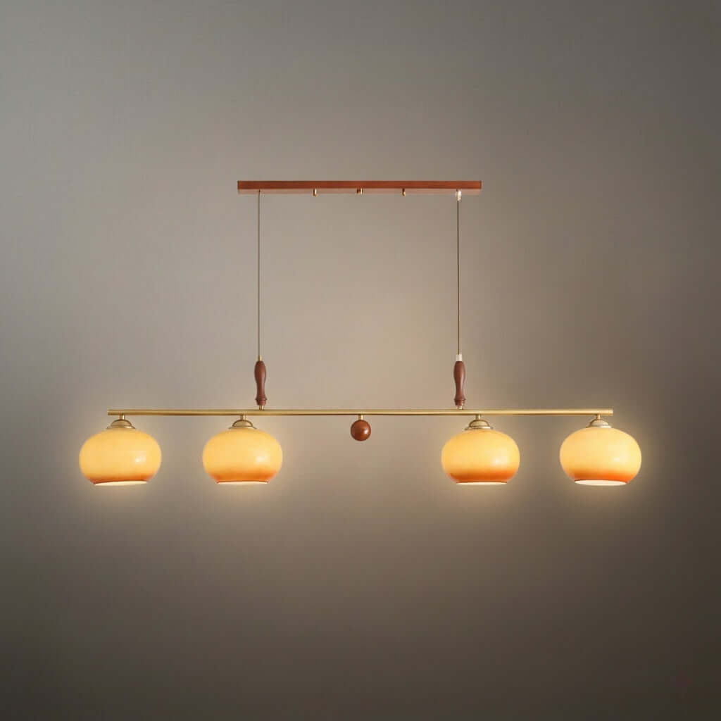 Modern Pendant Lamp — Amber Glass Shades & Brass Bar Wood Accent