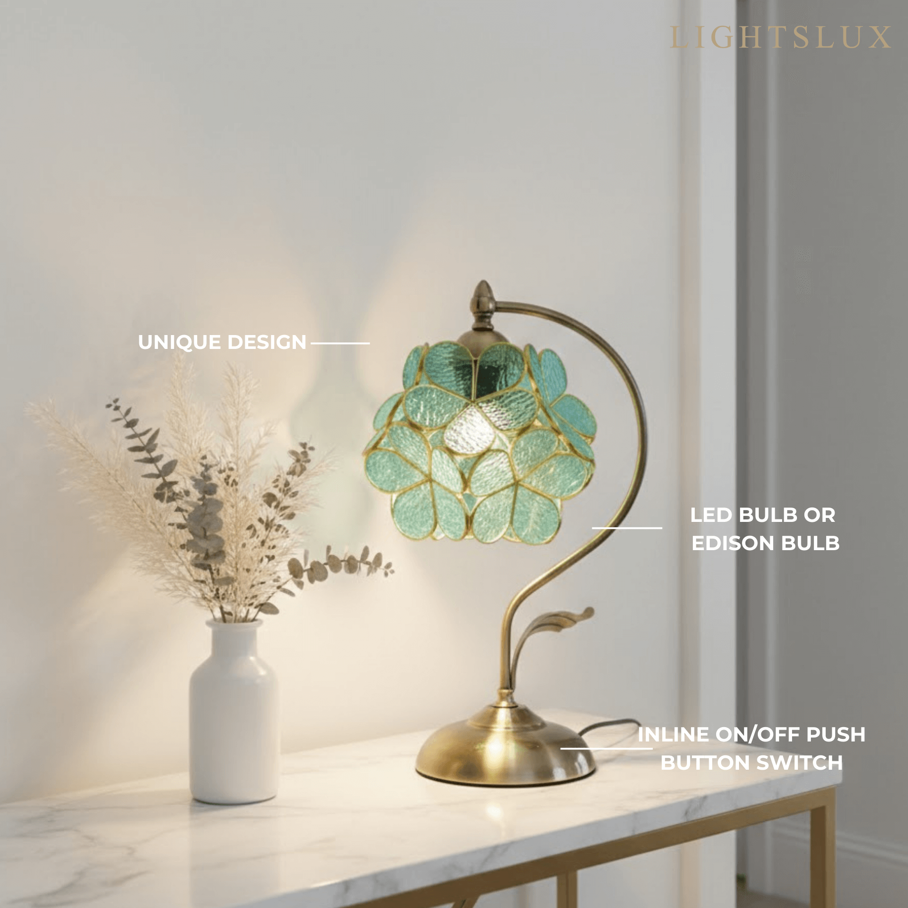 Artisan Leaf-Inspired Desk Lamp — Seafoam Green Glass Leaves & Antique Brass