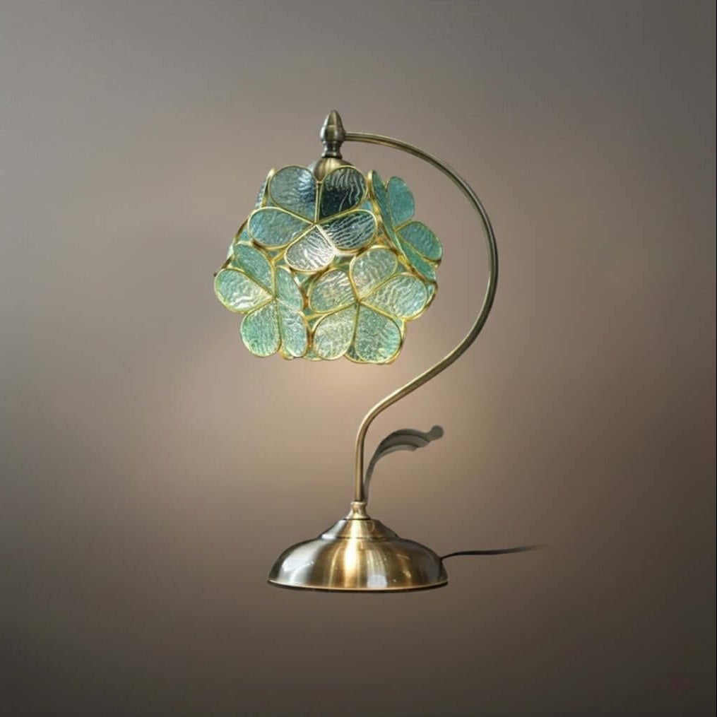 Artisan Leaf-Inspired Desk Lamp — Seafoam Green Glass Leaves & Antique Brass