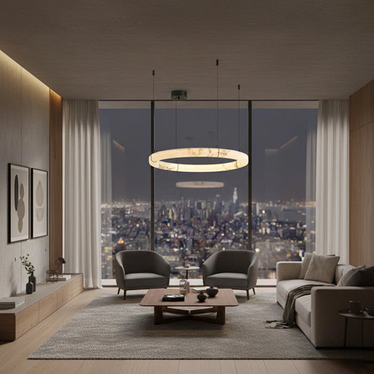 Pendant Lamp — Hand-Carved Stone & Black Metal for Dining Room