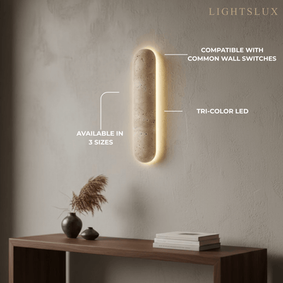 Travertine Pillar Wall Lamp — Slender Carved Stone with Back Glow