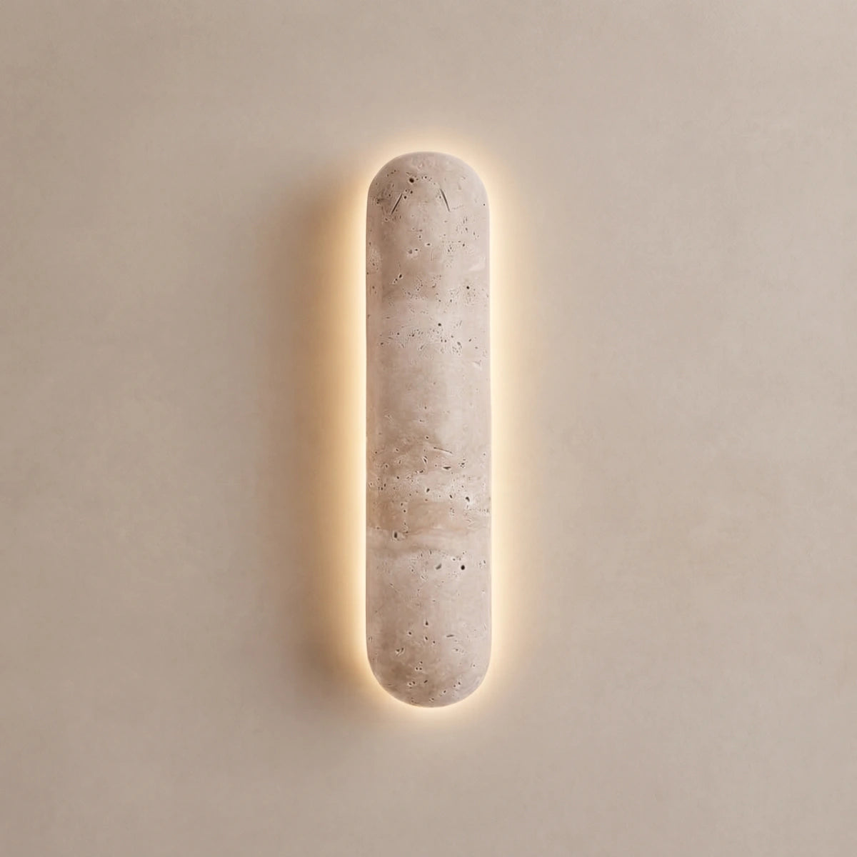 Strata Minimalist Travertine Pillar Wall Lamp — Slender Carved Stone with Back Glow