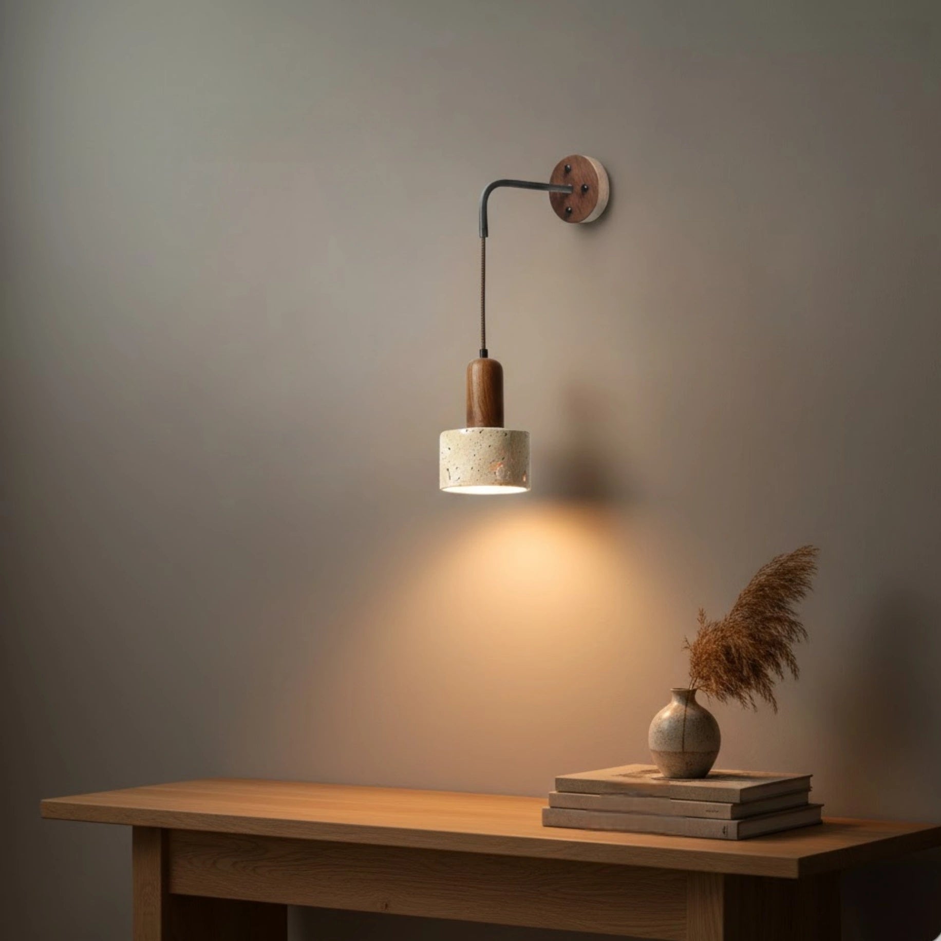 Organic Ceramic Wall Lamp — Travertine Shade Walnut Wood Socket