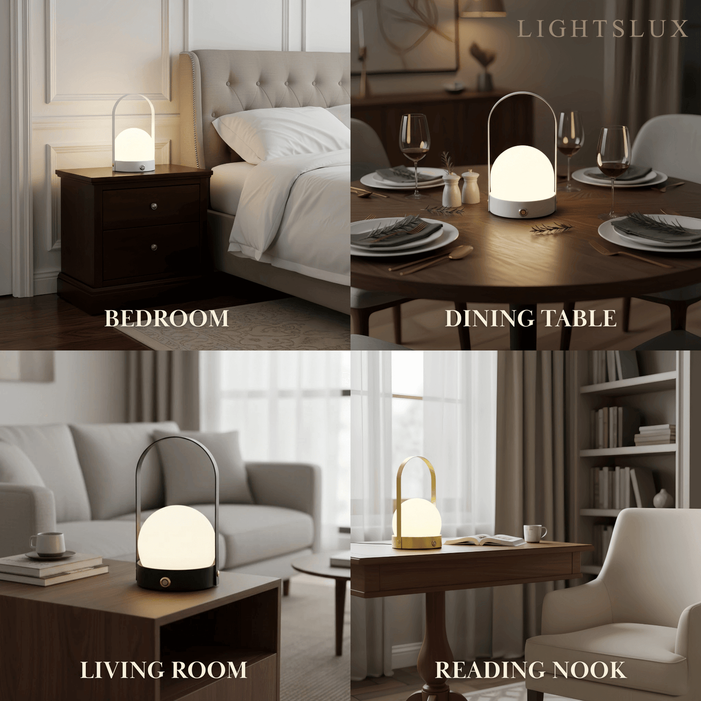 Modern Portable Table Lamp – LED Glass Lantern Light with Handle in Gold, Black or White