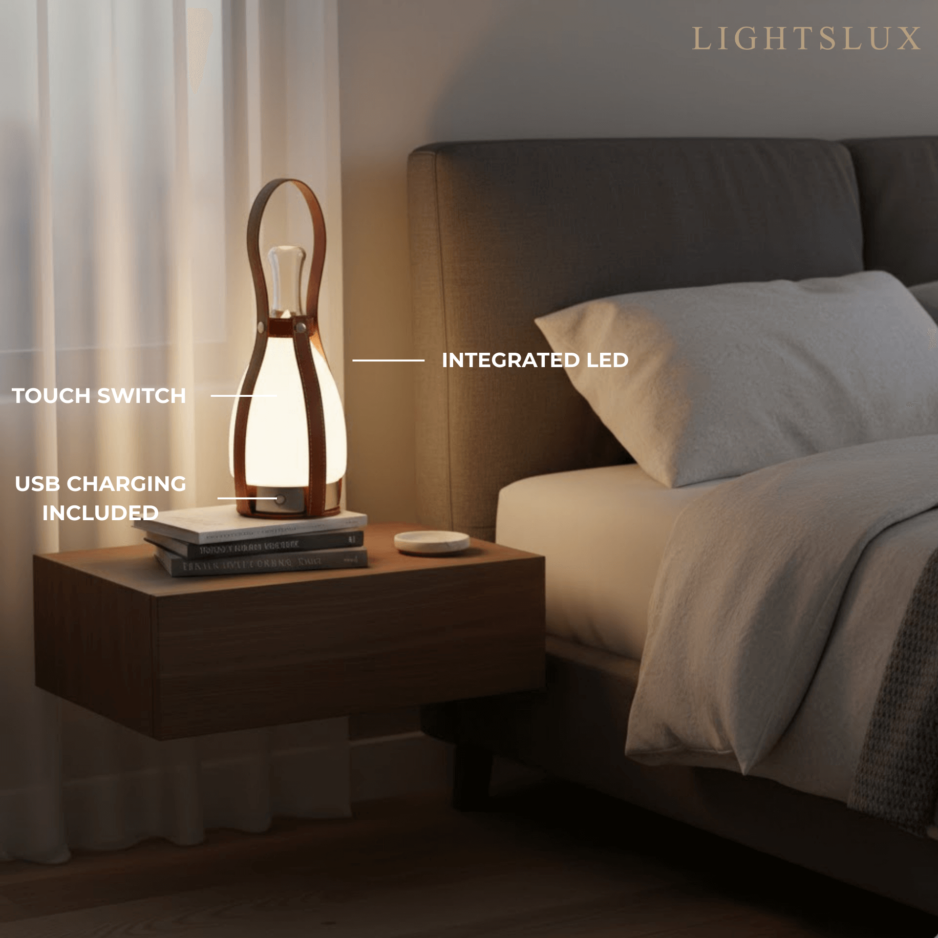 Modern Leather Table Lamp – Portable LED Glass Light in Brown, White or Silver for Bedroom