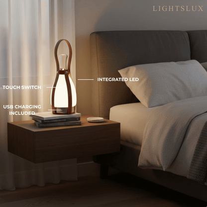 Modern Leather Table Lamp – Portable LED Glass Light in Brown, White or Silver for Bedroom