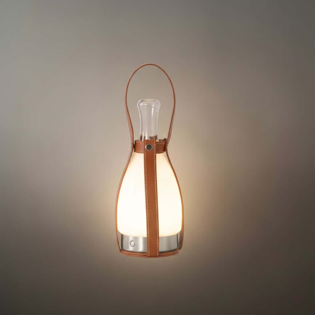 Modern Leather Table Lamp – Portable LED Glass Light in Brown, White or Silver for Bedroom